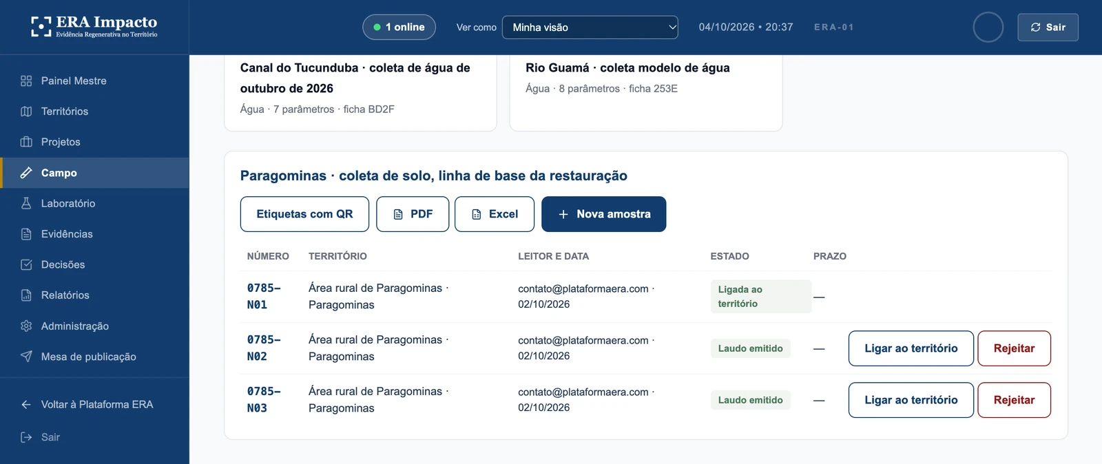 Custódia por número cego: Cada amostra tem um número; o leitor territorial e o laboratório veem só o número, com a data e o estado na cadeia de custódia.