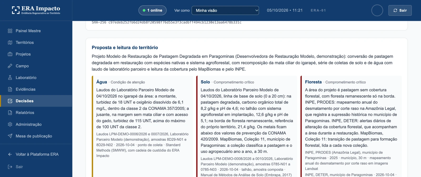 Proposta e leitura territorial: A proposta avaliada e a leitura de cada fluxo, com a condição de atenção ou de comprometimento crítico e as fontes de cada uma, com o órgão e a data. Exemplo de decisão da demonstração.