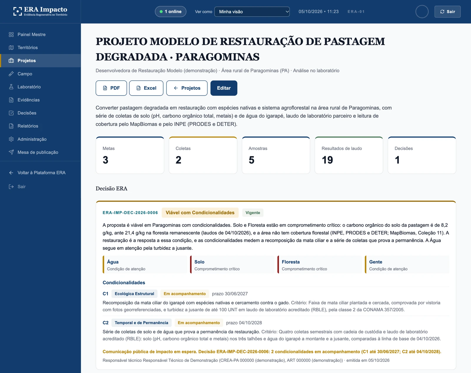Projeto de restauração · Paragominas: A decisão Viável com Condicionalidades, com o prazo de cada condicionalidade, e as metas de solo e de água do projeto modelo, com as coletas, as amostras e os resultados de laudo.