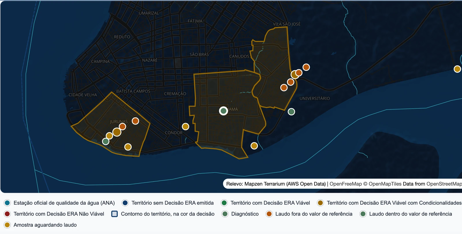 Mapa dos territórios: Os contornos dos territórios em Belém na cor da decisão, as estações oficiais de qualidade da água da ANA e os pontos de coleta com o estado do laudo.